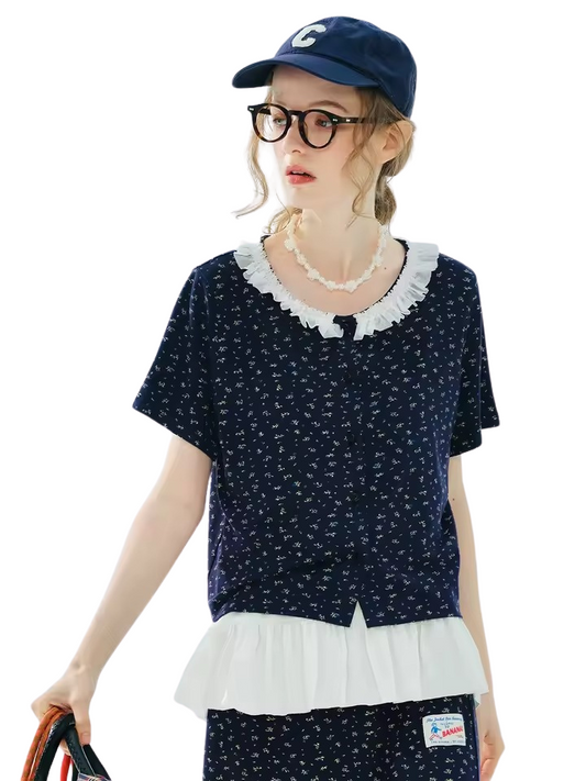 Navy Floral Collar Top